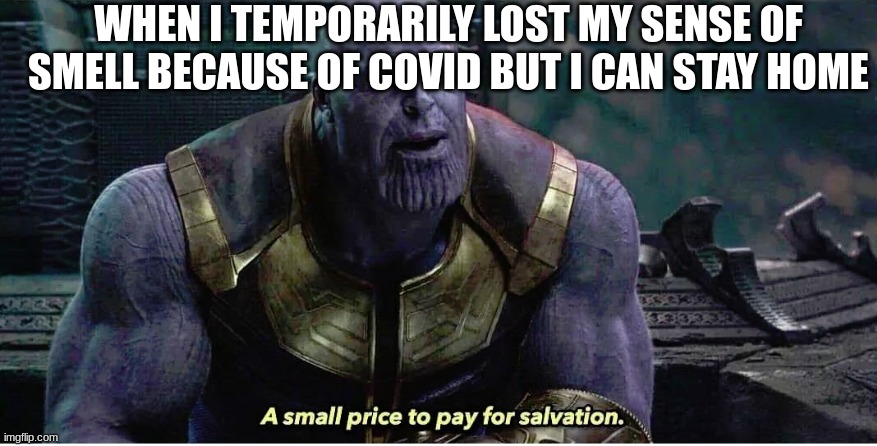 A small price to pay for salvation | WHEN I TEMPORARILY LOST MY SENSE OF SMELL BECAUSE OF COVID BUT I CAN STAY HOME | image tagged in a small price to pay for salvation | made w/ Imgflip meme maker