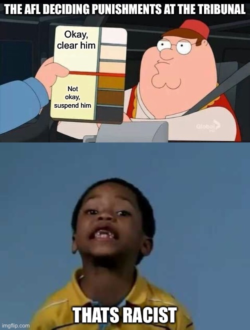 Suspension | THE AFL DECIDING PUNISHMENTS AT THE TRIBUNAL; Okay, clear him; Not okay, suspend him; THATS RACIST | image tagged in peter griffin skin color chart race terrorist blank,that's racist,suspension | made w/ Imgflip meme maker