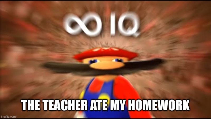 marios infinite iq | THE TEACHER ATE MY HOMEWORK | image tagged in marios infinite iq | made w/ Imgflip meme maker