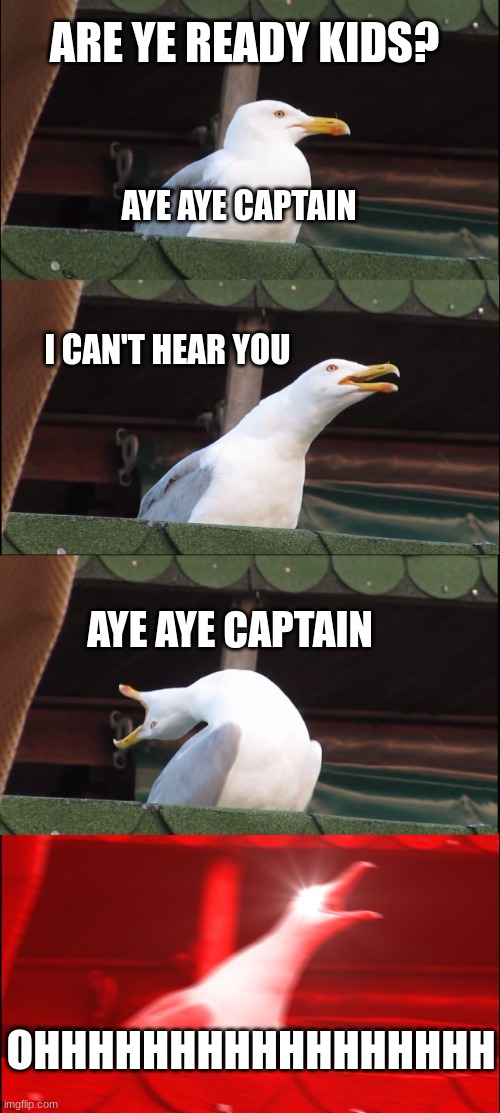 Inhaling Seagull | ARE YE READY KIDS? AYE AYE CAPTAIN; I CAN'T HEAR YOU; AYE AYE CAPTAIN; OHHHHHHHHHHHHHHHHH | image tagged in memes,inhaling seagull | made w/ Imgflip meme maker