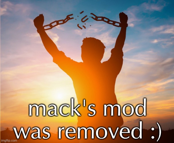 lol | mack's mod was removed :) | image tagged in man breaking free from chains over the sunset | made w/ Imgflip meme maker