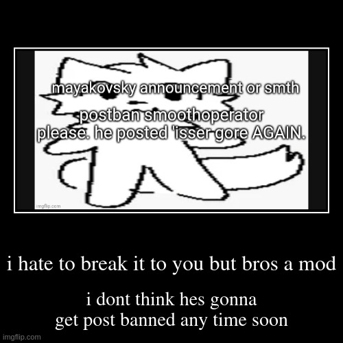 i hate to break it to you but bros a mod | i dont think hes gonna get post banned any time soon | image tagged in funny,demotivationals | made w/ Imgflip demotivational maker