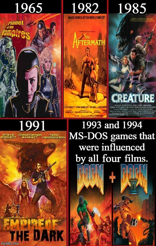 Doom I+II (Inspirations And Influences) | image tagged in planet of the vampires,the aftermath,creature and empire of the dark,doom i doom ii,google images,memes | made w/ Imgflip meme maker