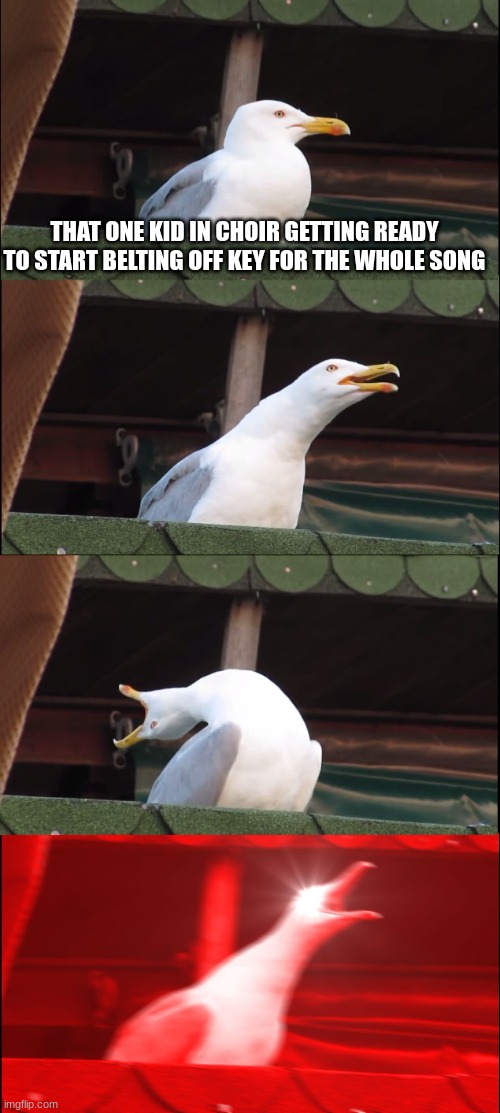 And of course it's the kid sitting right next to you... who else? | THAT ONE KID IN CHOIR GETTING READY TO START BELTING OFF KEY FOR THE WHOLE SONG | image tagged in memes,inhaling seagull,choir,funny,relatable | made w/ Imgflip meme maker