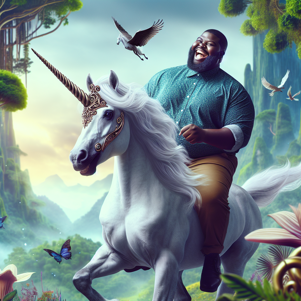 big fat dark skinned man without shirt riding a unicorn Blank Meme Template