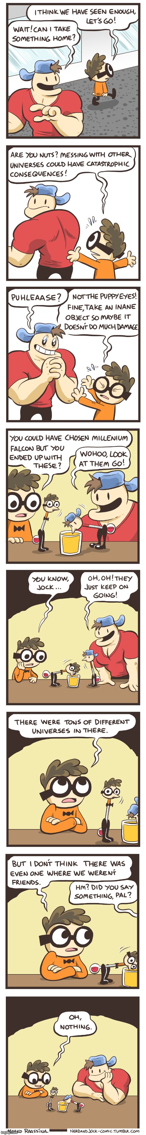 image tagged in nerd,jock,alternate reality,multiverse,drinking birds,friends | made w/ Imgflip meme maker