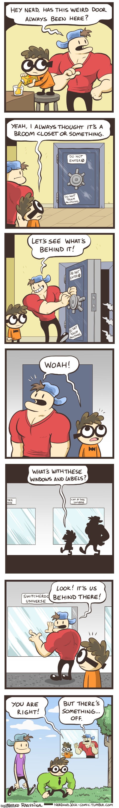 image tagged in nerd,jock,door,windows,labels,alternate reality | made w/ Imgflip meme maker
