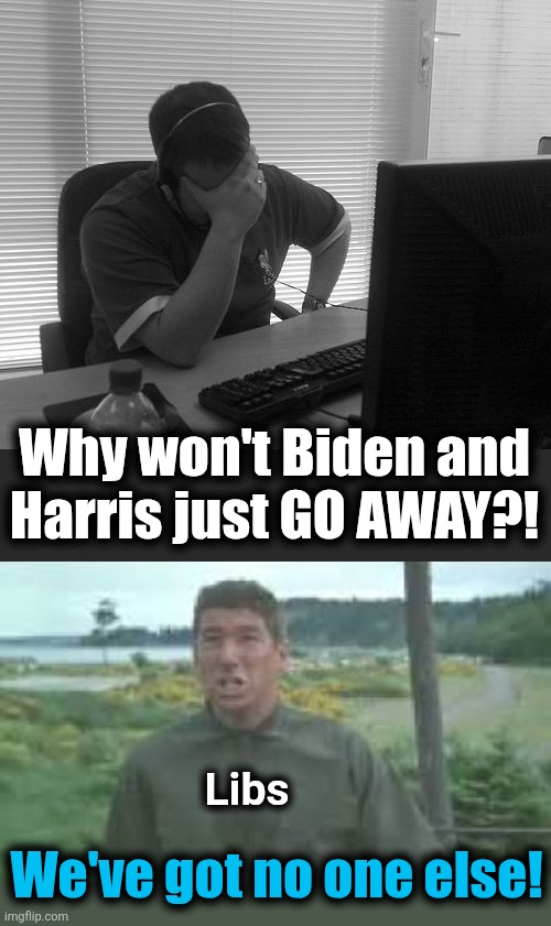 Why won't Biden and
Harris just GO AWAY?! Libs; We've got no one else! | image tagged in programmer facepalm,nowhere else to go,memes,biden harris,democrats,empty bench | made w/ Imgflip meme maker