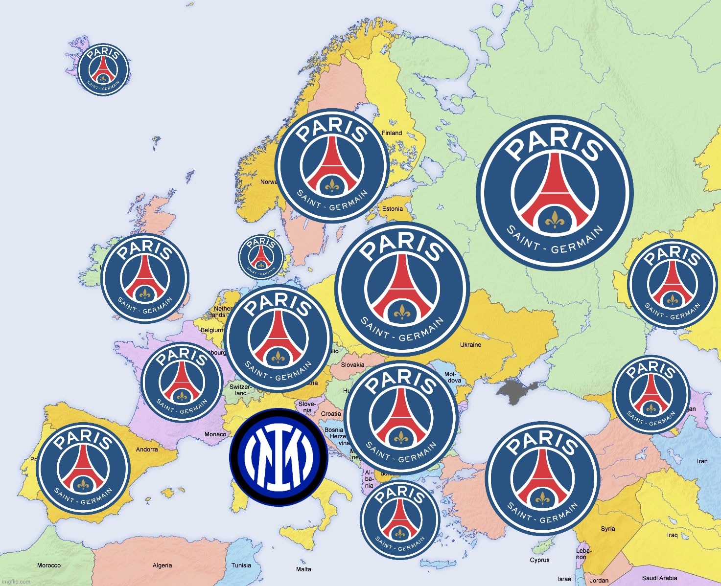 Europe Map before the #UCLFinal between Paris SG and F.C. Inter | image tagged in map of europe,inter,psg,champions league,sports,memes | made w/ Imgflip meme maker
