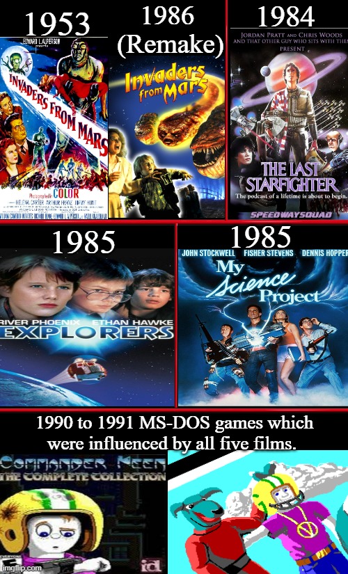 Commander Keen (Inspirations And Influences) | 1986 
(Remake); 1984; 1953; 1985; 1985; 1990 to 1991 MS-DOS games which were influenced by all five films. | image tagged in invaders from mars,the last starfighter,explorers and my science project,commander keen,google images,memes | made w/ Imgflip meme maker