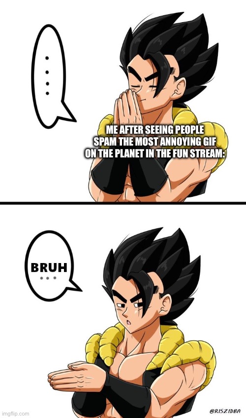 Gogeta Inhale Bruh | ME AFTER SEEING PEOPLE SPAM THE MOST ANNOYING GIF ON THE PLANET IN THE FUN STREAM: | image tagged in gogeta inhale bruh | made w/ Imgflip meme maker
