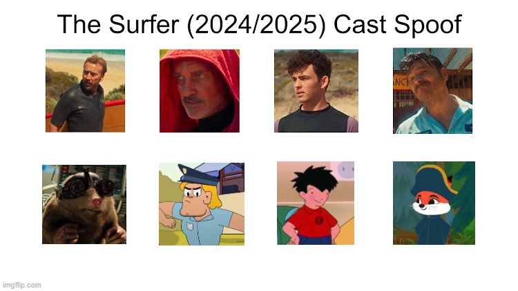 Credit to Waldness Topic International for this used | image tagged in meme,memes,spoof cast,the surfer,characters,roles | made w/ Imgflip meme maker