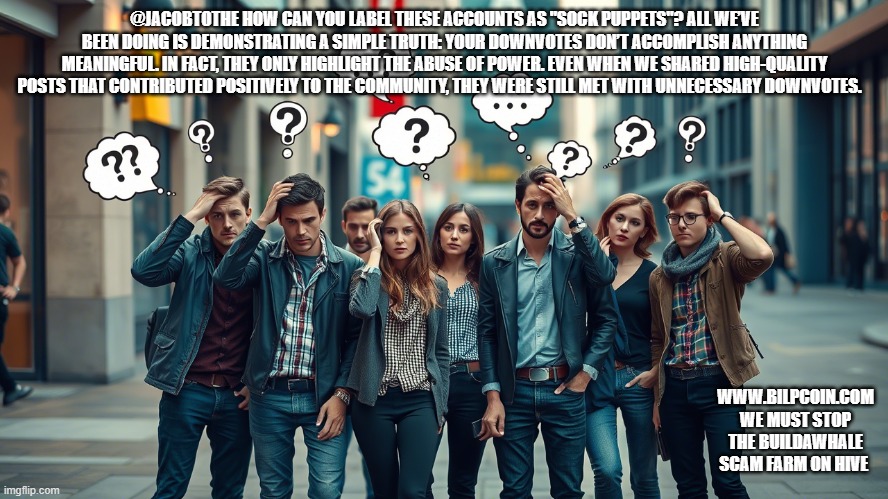 @JACOBTOTHE HOW CAN YOU LABEL THESE ACCOUNTS AS "SOCK PUPPETS"? ALL WE’VE BEEN DOING IS DEMONSTRATING A SIMPLE TRUTH: YOUR DOWNVOTES DON’T ACCOMPLISH ANYTHING MEANINGFUL. IN FACT, THEY ONLY HIGHLIGHT THE ABUSE OF POWER. EVEN WHEN WE SHARED HIGH-QUALITY POSTS THAT CONTRIBUTED POSITIVELY TO THE COMMUNITY, THEY WERE STILL MET WITH UNNECESSARY DOWNVOTES. WWW.BILPCOIN.COM WE MUST STOP THE BUILDAWHALE SCAM FARM ON HIVE | made w/ Imgflip meme maker