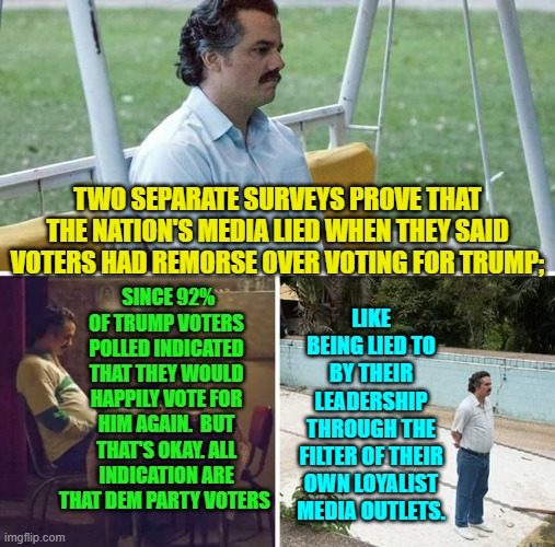 Imagine wanting to be lied to. | TWO SEPARATE SURVEYS PROVE THAT THE NATION'S MEDIA LIED WHEN THEY SAID VOTERS HAD REMORSE OVER VOTING FOR TRUMP;; SINCE 92% OF TRUMP VOTERS POLLED INDICATED THAT THEY WOULD HAPPILY VOTE FOR HIM AGAIN.  BUT THAT'S OKAY. ALL INDICATION ARE THAT DEM PARTY VOTERS; LIKE BEING LIED TO BY THEIR LEADERSHIP THROUGH THE FILTER OF THEIR OWN LOYALIST MEDIA OUTLETS. | image tagged in sad pablo escobar | made w/ Imgflip meme maker