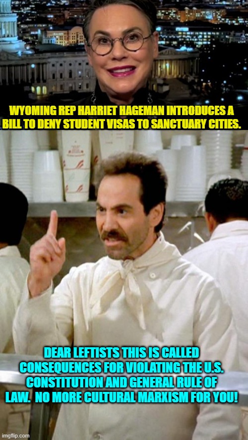 Consequences.  Don't operate a nation without it. | WYOMING REP HARRIET HAGEMAN INTRODUCES A BILL TO DENY STUDENT VISAS TO SANCTUARY CITIES. DEAR LEFTISTS THIS IS CALLED CONSEQUENCES FOR VIOLATING THE U.S. CONSTITUTION AND GENERAL RULE OF LAW.  NO MORE CULTURAL MARXISM FOR YOU! | image tagged in yep | made w/ Imgflip meme maker