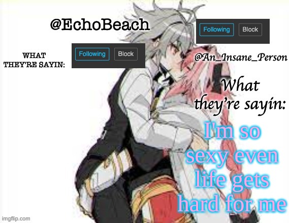 EchoBeach and InsanePerson shared temp :3 | I'm so sexy even life gets hard for me | image tagged in echobeach and insaneperson shared temp 3 | made w/ Imgflip meme maker