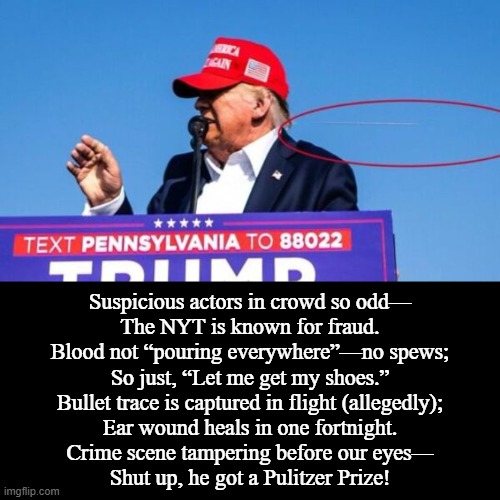 "The Great Stage — Imagine a Pulitzer for a Hollywood scene." - Michael Yon | Suspicious actors in crowd so odd—
The NYT is known for fraud.

Blood not “pouring everywhere”—no spews;
So just, “Let me get my shoes.”

Bullet trace is captured in flight (allegedly);
Ear wound heals in one fortnight.

Crime scene tampering before our eyes—
Shut up, he got a Pulitzer Prize! | image tagged in donald trump,trump,president trump,trump meme,new york times,actors | made w/ Imgflip meme maker