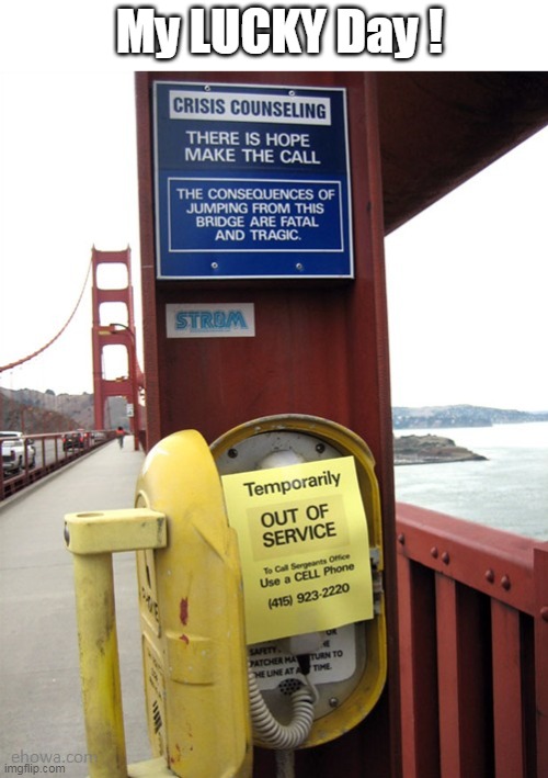 ♫ Suicide is Dangerous ♫ | My LUCKY Day ! | image tagged in bridge suicide phone meme | made w/ Imgflip meme maker