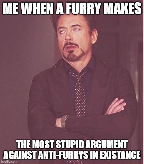 heehee | ME WHEN A FURRY MAKES; THE MOST STUPID ARGUMENT AGAINST ANTI-FURRYS IN EXISTANCE | image tagged in memes,face you make robert downey jr | made w/ Imgflip meme maker