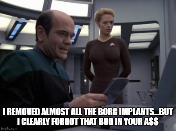 Seven of Nine Annoying | I REMOVED ALMOST ALL THE BORG IMPLANTS...BUT I CLEARLY FORGOT THAT BUG IN YOUR A$$ | image tagged in seven of nine and the doctor star trek voyager | made w/ Imgflip meme maker