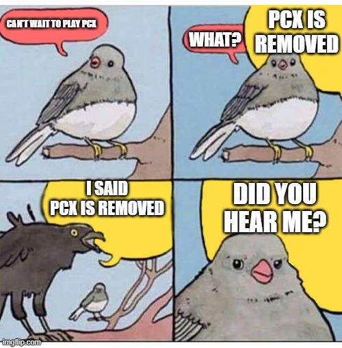 People when PCX got removed from Pillar Chase 2 | PCX IS REMOVED; CAN'T WAIT TO PLAY PCX; WHAT? I SAID PCX IS REMOVED; DID YOU HEAR ME? | image tagged in annoyed bird | made w/ Imgflip meme maker