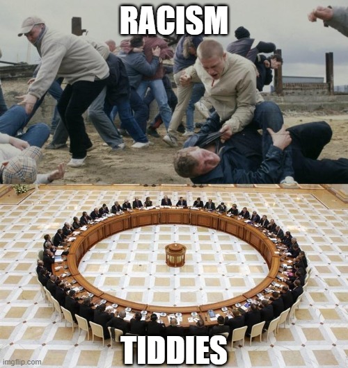 racism vs tiddies | RACISM; TIDDIES | image tagged in meeting circle | made w/ Imgflip meme maker