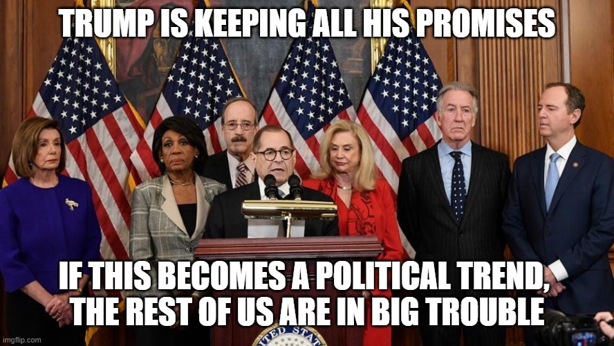 House Democrats | TRUMP IS KEEPING ALL HIS PROMISES IF THIS BECOMES A POLITICAL TREND, 
THE REST OF US ARE IN BIG TROUBLE | image tagged in house democrats | made w/ Imgflip meme maker