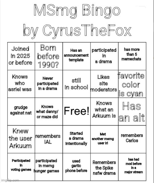 FILL IT OUT | image tagged in msmg bingo by cyrusthefox | made w/ Imgflip meme maker