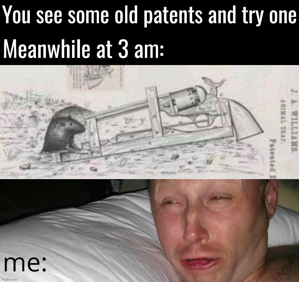 You hear a bang at 3 am | You see some old patents and try one; Meanwhile at 3 am: | image tagged in patents | made w/ Imgflip meme maker