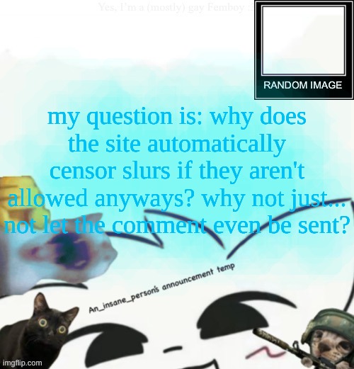 like, if it can detect a slur, why not just delete the comment instantly rather than only censoring it? | my question is: why does the site automatically censor slurs if they aren't allowed anyways? why not just... not let the comment even be sent? | image tagged in my lil announcement | made w/ Imgflip meme maker