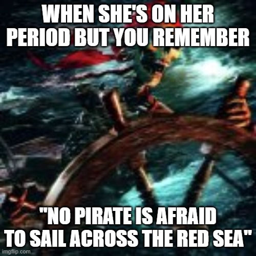heres a meme | WHEN SHE'S ON HER PERIOD BUT YOU REMEMBER; "NO PIRATE IS AFRAID TO SAIL ACROSS THE RED SEA" | made w/ Imgflip meme maker