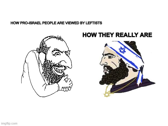 god forbid there's a country that love america | HOW PRO-ISRAEL PEOPLE ARE VIEWED BY LEFTISTS; HOW THEY REALLY ARE | image tagged in merchant,bruh,chad | made w/ Imgflip meme maker
