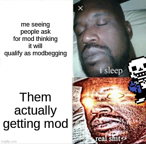 I understand flare is a good user, but wha- | me seeing people ask for mod thinking it will qualify as modbegging; Them actually getting mod | image tagged in memes,sleeping shaq | made w/ Imgflip meme maker