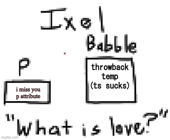 i shouldnt have fucking asked what is love, maybe i wouldnt have gotten ch | throwback temp (ts sucks); i miss you p attribute | image tagged in ixel announcement or sumn | made w/ Imgflip meme maker