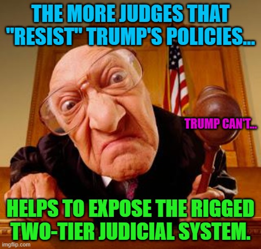 Mean Judge | THE MORE JUDGES THAT "RESIST" TRUMP'S POLICIES... TRUMP CAN'T... HELPS TO EXPOSE THE RIGGED TWO-TIER JUDICIAL SYSTEM. | image tagged in mean judge | made w/ Imgflip meme maker