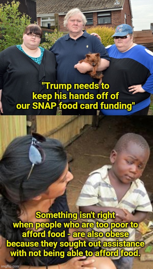Still wondering why they accept free help | "Trump needs to keep his hands off of our SNAP food card funding"; Something isn't right when people who are too poor to afford food - are also obese because they sought out assistance with not being able to afford food. | image tagged in so youre telling me,food stamps | made w/ Imgflip meme maker
