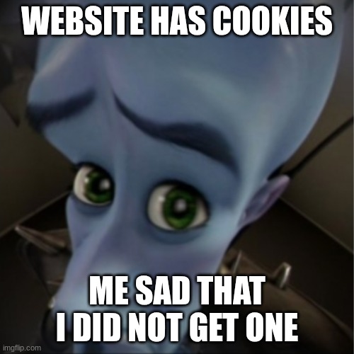 Im just dumb | WEBSITE HAS COOKIES; ME SAD THAT I DID NOT GET ONE | image tagged in megamind peeking | made w/ Imgflip meme maker