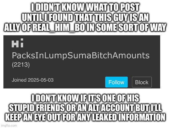 Another Notice | I DIDN’T KNOW WHAT TO POST UNTIL I FOUND THAT THIS GUY IS AN ALLY OF REAL_HIM_BO IN SOME SORT OF WAY; I DON’T KNOW IF IT’S ONE OF HIS STUPID FRIENDS OR AN ALT ACCOUNT BUT I’LL KEEP AN EYE OUT FOR ANY LEAKED INFORMATION | image tagged in aub has the best mods,rip vinwix,thanks for reading the tags lol | made w/ Imgflip meme maker