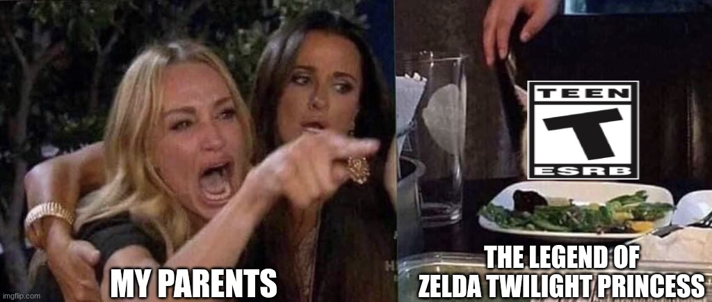 woman yelling at cat | MY PARENTS THE LEGEND OF ZELDA TWILIGHT PRINCESS | image tagged in woman yelling at cat | made w/ Imgflip meme maker