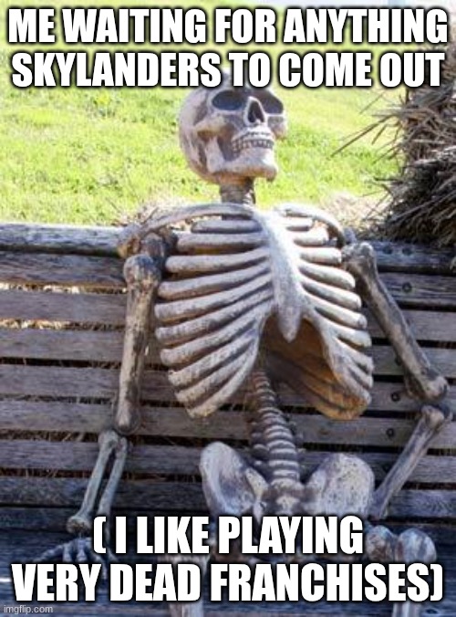 why are old games so good | ME WAITING FOR ANYTHING SKYLANDERS TO COME OUT; ( I LIKE PLAYING VERY DEAD FRANCHISES) | image tagged in memes,waiting skeleton | made w/ Imgflip meme maker