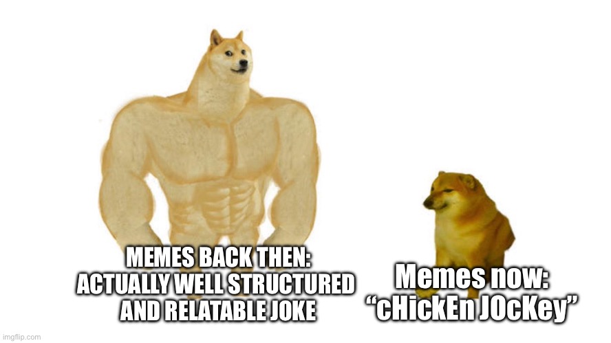 It’s not funny guys | Memes now:

“cHickEn JOcKey”; MEMES BACK THEN:

ACTUALLY WELL STRUCTURED 
AND RELATABLE JOKE | image tagged in dodge chad vs virgin,chicken jockey | made w/ Imgflip meme maker