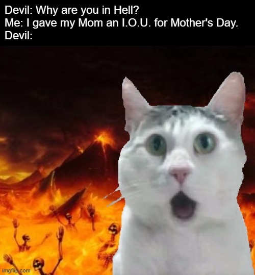 Worst Mother's Day Gift Ever | Devil: Why are you in Hell?

Me: I gave my Mom an I.O.U. for Mother's Day.

Devil: | image tagged in funny,memes,funny memes,mothers day,cat,hell | made w/ Imgflip meme maker