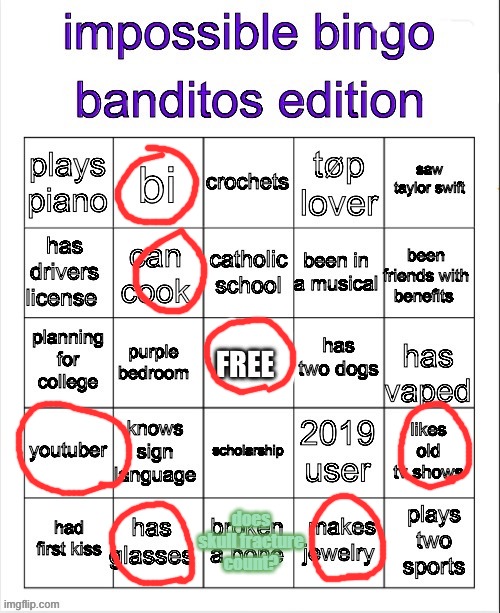 banditos impossible bingo 3 | does skull fracture count? | image tagged in banditos impossible bingo 3 | made w/ Imgflip meme maker