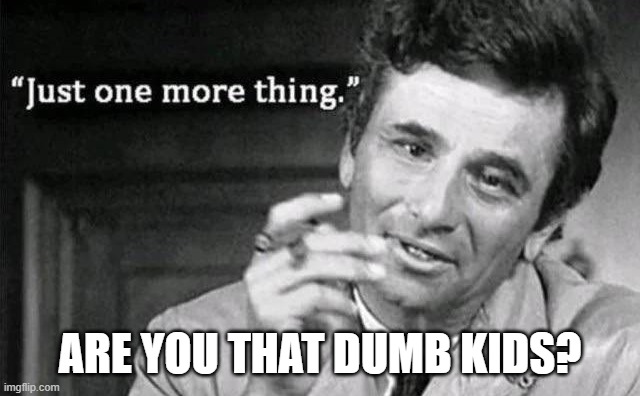 one more thing | ARE YOU THAT DUMB KIDS? | image tagged in one more thing | made w/ Imgflip meme maker