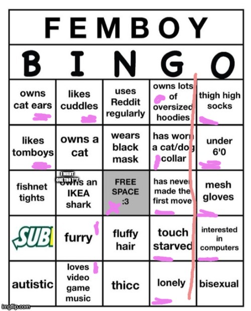 Femboy Bingo | I WANT ONE THO T^T | image tagged in femboy bingo | made w/ Imgflip meme maker