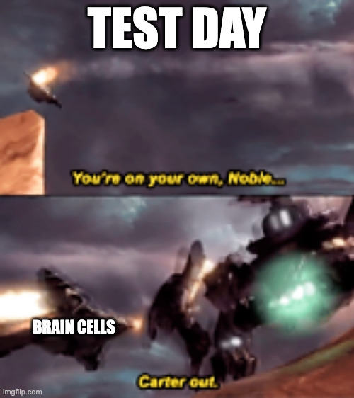 Halo reach carter death | TEST DAY; BRAIN CELLS | image tagged in halo reach carter death | made w/ Imgflip meme maker