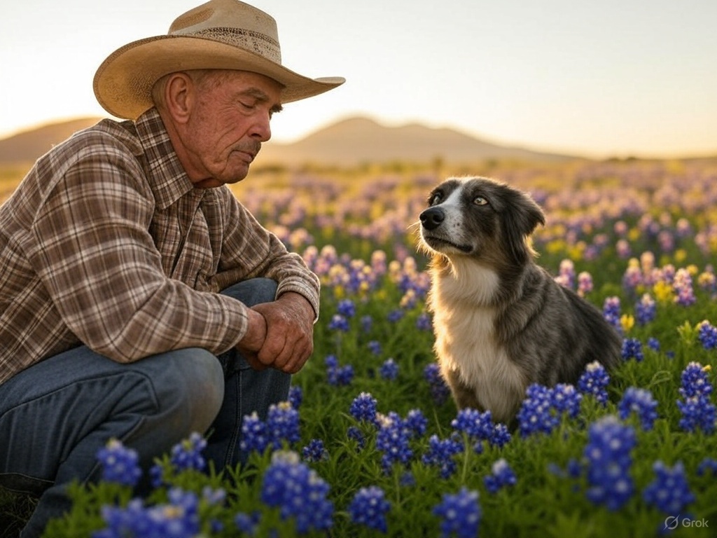 Old elderly cowboy praying field bluebonnets dog border collie Blank Meme Template