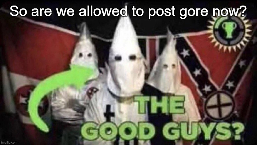 The good guys? | So are we allowed to post gore now? | image tagged in the good guys | made w/ Imgflip meme maker