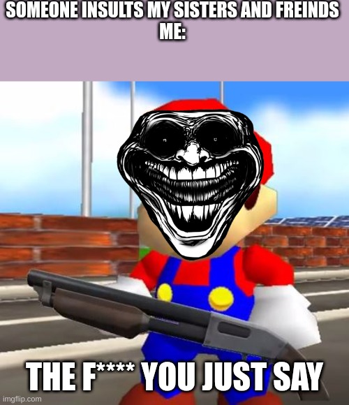 SMG4 Shotgun Mario | SOMEONE INSULTS MY SISTERS AND FREINDS
ME:; THE F**** YOU JUST SAY | image tagged in smg4 shotgun mario | made w/ Imgflip meme maker