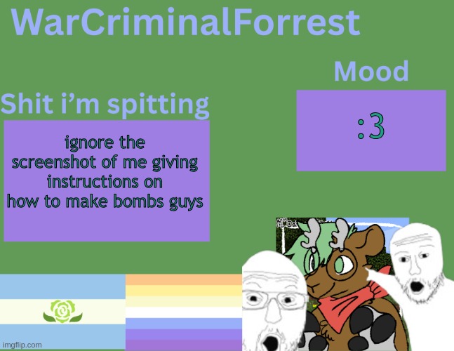 yuh | :3; ignore the screenshot of me giving instructions on how to make bombs guys | image tagged in warcriminalforrest temp | made w/ Imgflip meme maker